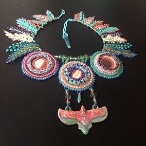 Hand-Beaded Multicolor Statement Necklace with Ceramic Pendant
